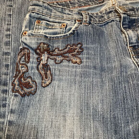 American Eagle AEO Med Wash Embroidered Distressed Stretch Boot Denim Jeans Size - Picture 6 of 12